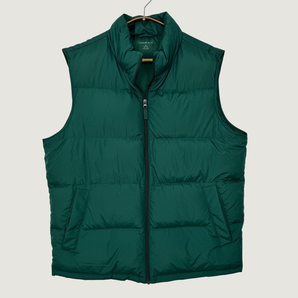 Lands End Mens Green Down Puffer Vest Size Large 42-44 Full Zip 434964